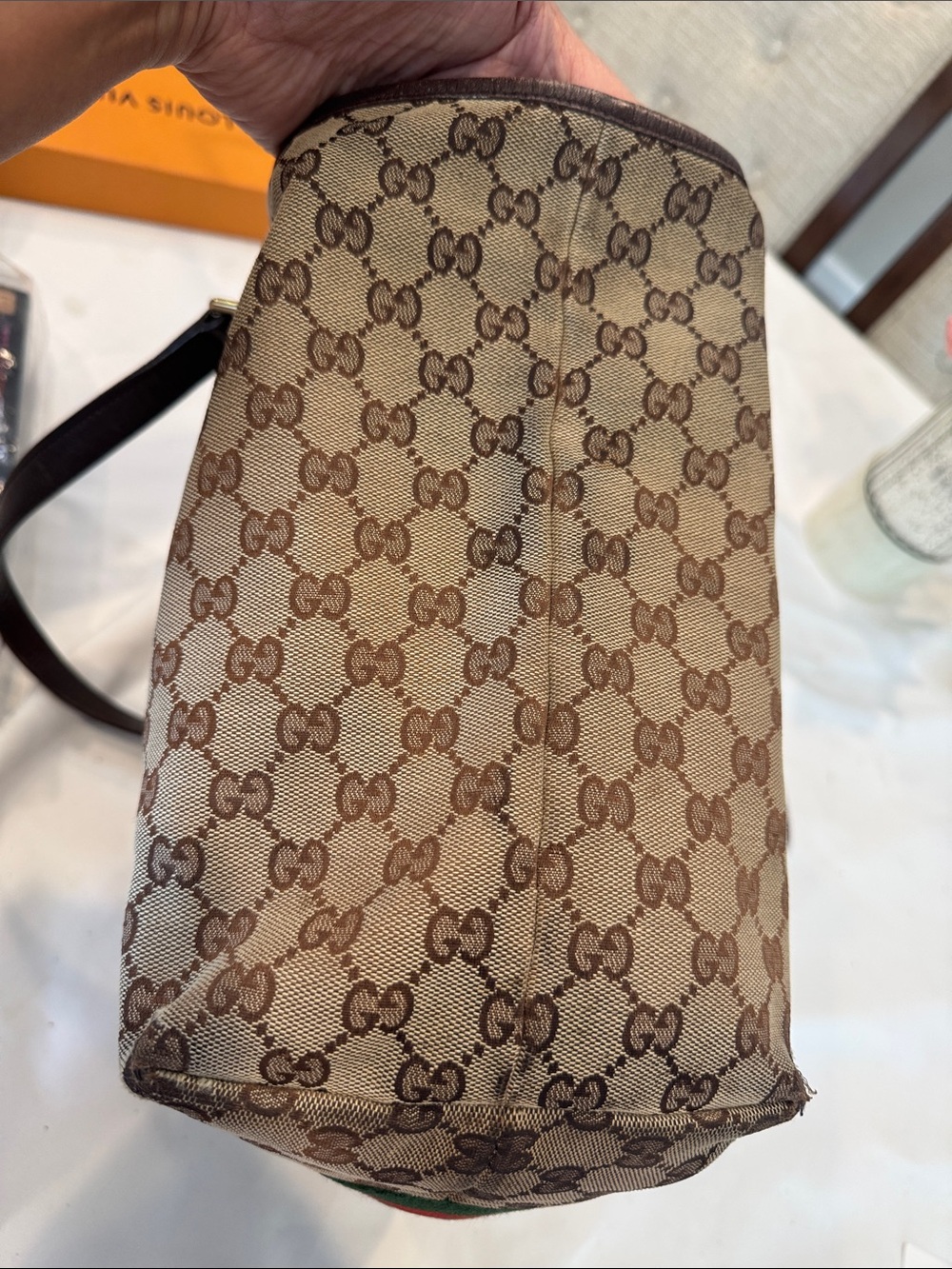 Authentic Gucci Beige Monogram Tote with Green and Red Stripes - Picture 4 of 10